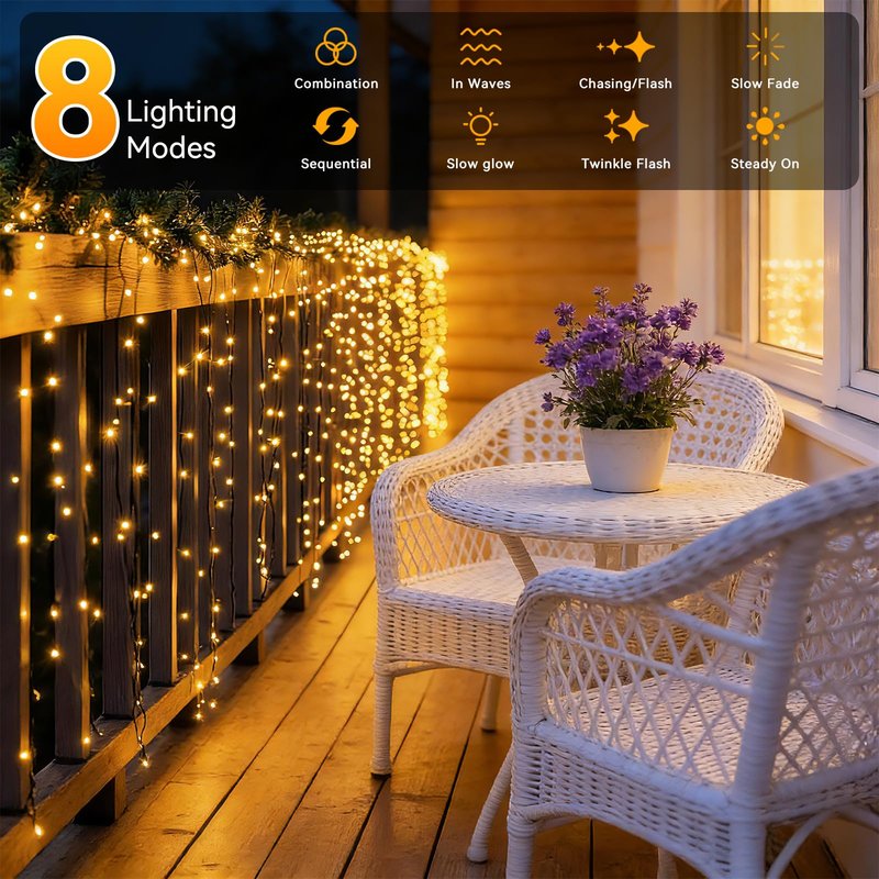 Solar String Lights Outdoor Waterproof 2 Pack Total 66ft 200LED 8 Modes Twinkle Lights Solar Fairy Lights for Patio, Garden Yard Party Wedding Tree Christmas Halloween Decoration, Warm White