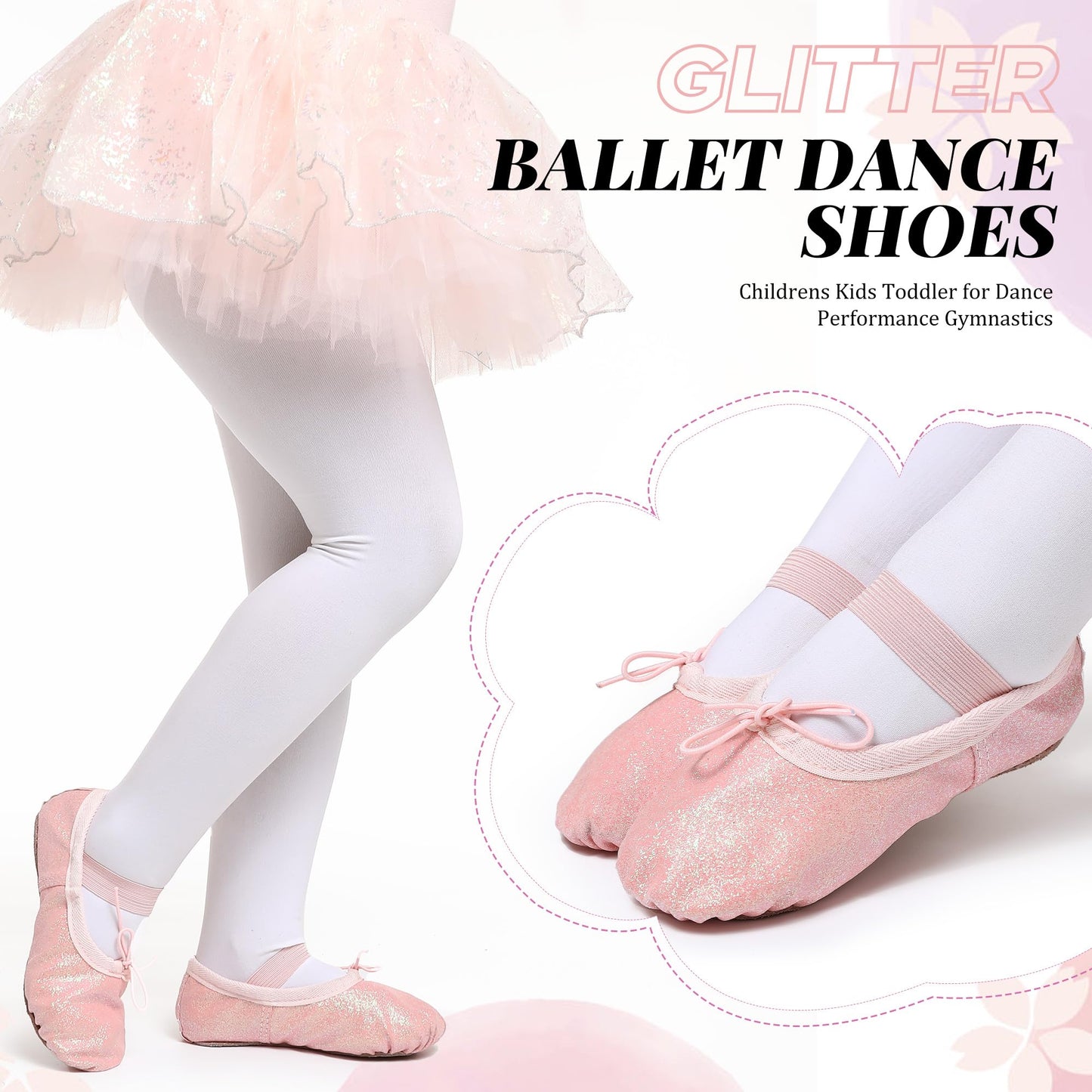 Ballet Shoes for Girls Glitter Ballet Dance Shoes Leather Dance Slippers Full Sole Ballet Dance Flats for Childrens Kids Toddler for Dance Performance Gymnastics Pink 7 Little Kid