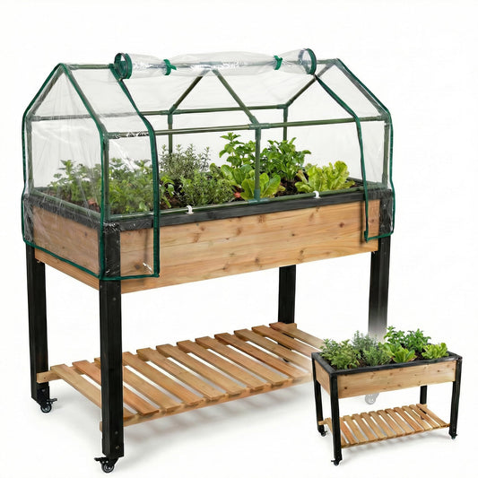 GOJ Raised Garden Bed Wood 48x24x32 inch with Greenhouse & Lockable Wheels - Elevated Wood Planter Box for Outdoors Vegetable Flower Bed Herb Planter - 400 lbs Capacity