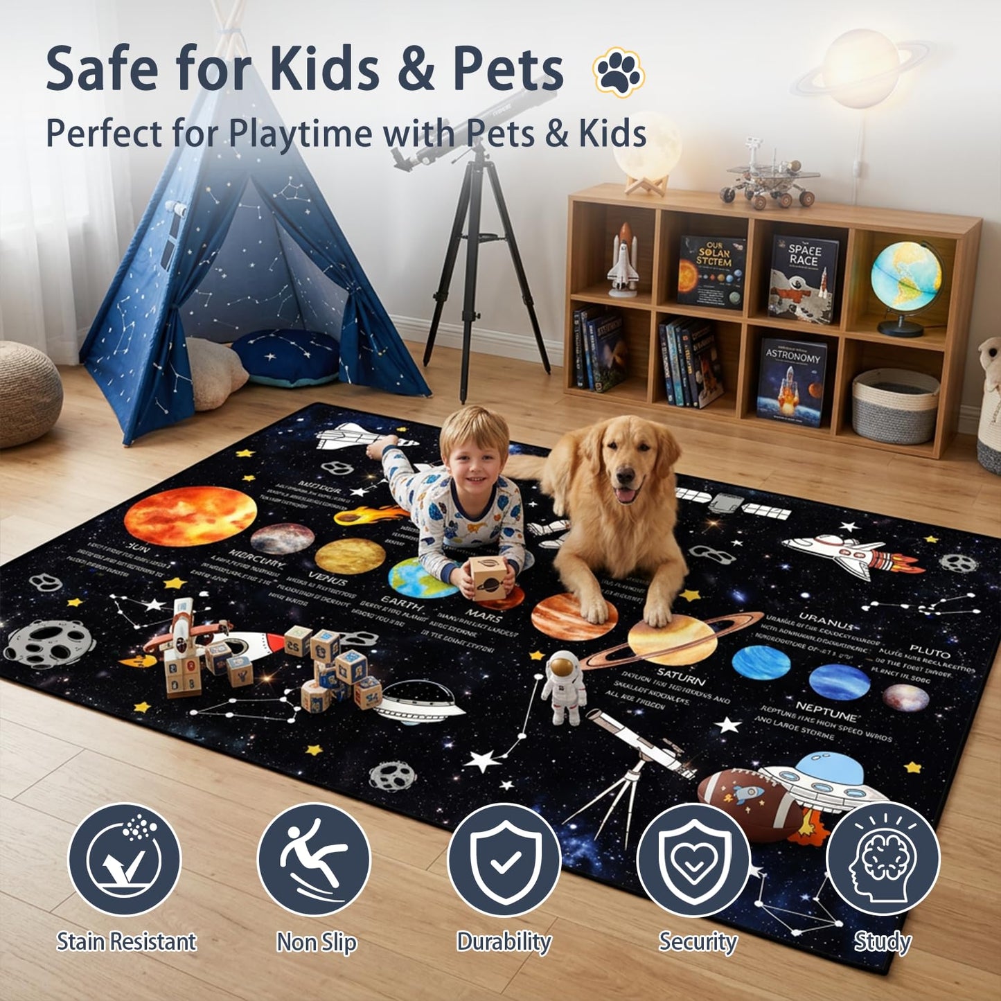 5x7 Ft Space Kids Rug for Boys Room, Playroom, Classroom, Nursery, Daycare, Educational Non-Slip Play Mat Carpet for Children Toddler Leaning Solar System, Washable & Soft Galaxy Star Rug-Faux Wool