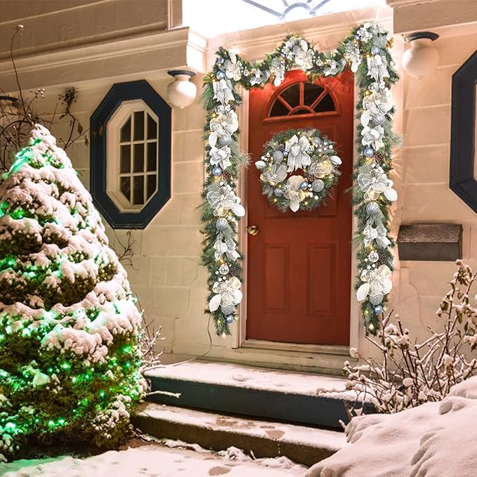 Lighted Christmas Wreath for Front Door with 20 LED Lights,22inch prelit Christmas Wreath with Big Flower and Ball Ornament,Winter Porch Decor,Indoor Outdoor Christmas Silver White Decorations