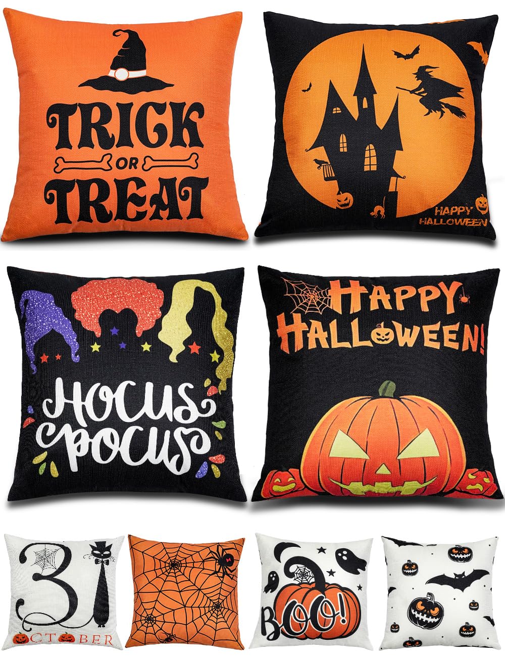 TOYPOPOR Halloween Decorations Double-Side Printing Pillow Covers 18'' x 18'' Set of 4, with 8 Cute Halloween Decor Patterns, Invisible Zipper, Durable Soft Linen Throw Pillow Covers Outdoor Indoor