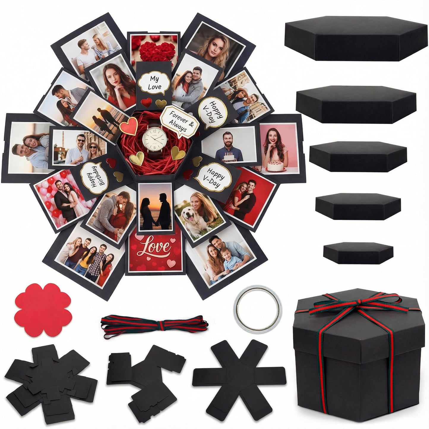 Koogel Explosion Gift Box, Handmade Exploding Photo Album Preassembled Surprise Picture Pop Up Love Box with Creative DIY Scrapbooking Accessories for Anniversary Birthday Wedding