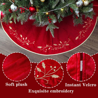 Bunny Chorus Christmas Tree Skirt, 48 inches Red Luxury Velvet Plush Fur Skirts with Gold Embroidered Holly Leaf for Rustic Xmas Tree Holiday Decorations