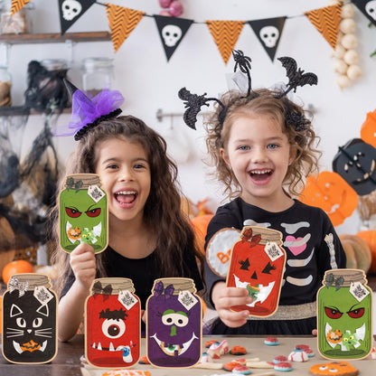 Giiffu 50-Pack Halloween Mason Jar Cards with 50 Clear Treat Bags – DIY Trick-or-Treat Goodie Bags for Kids, Classroom Halloween Party Favors & Gift Exchange