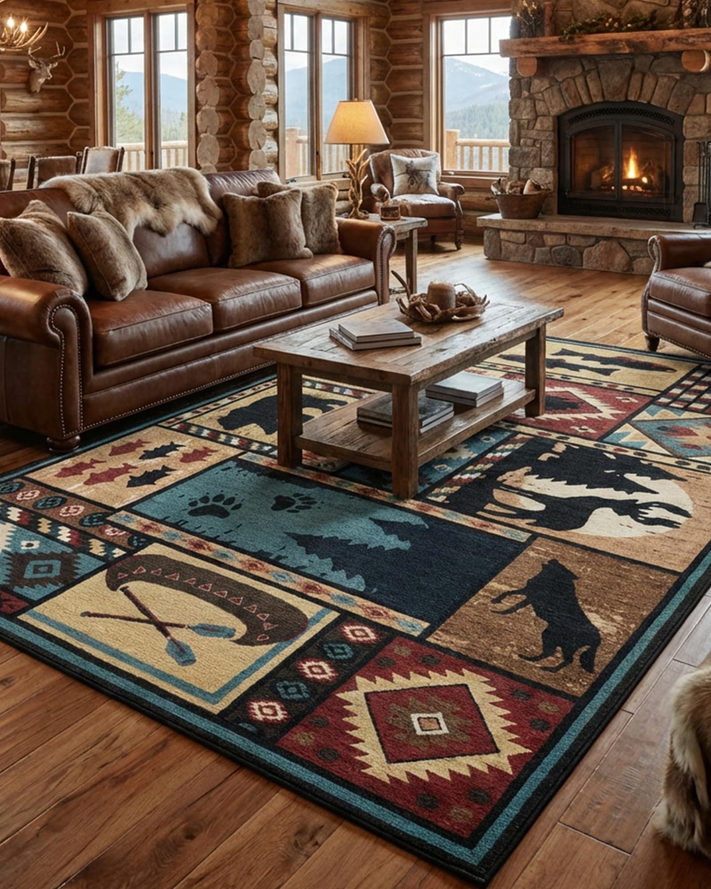 Yghgezl Rustic Rugs for Living Room, Washable Cabin Rug 5x7 Bear Area Rug Country Farmhouse Wildlife Hunting Lodge Rug for Bedroom Deer Moose Brown