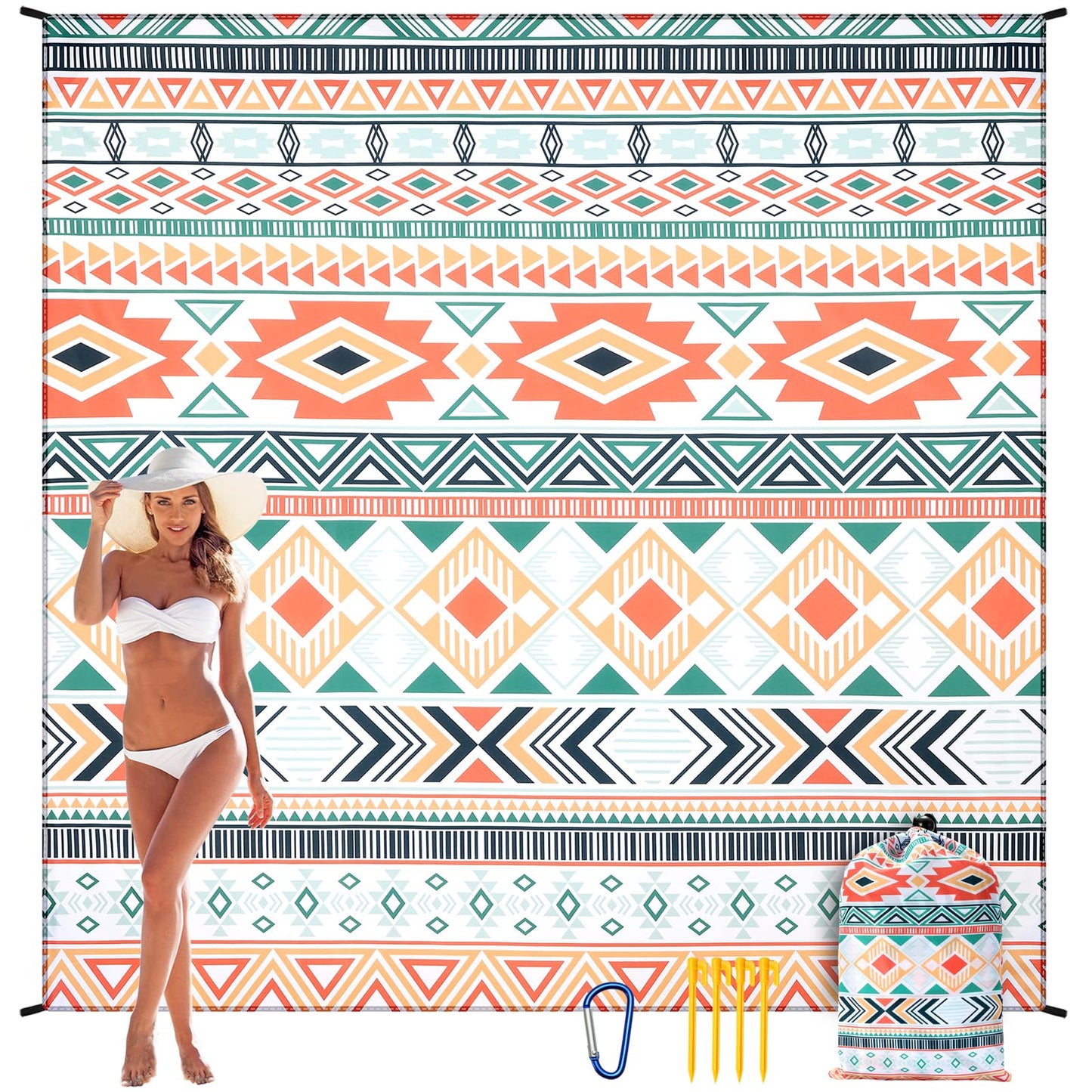 HIHOHO Beach Blanket, Sandproof Beach Mat, Waterproof Quick Drying Lightweight Outdoor Aztec Picnic Mat 79" X 83"/120"x108" for 2-8 Adults for Travel, Camping, Hiking