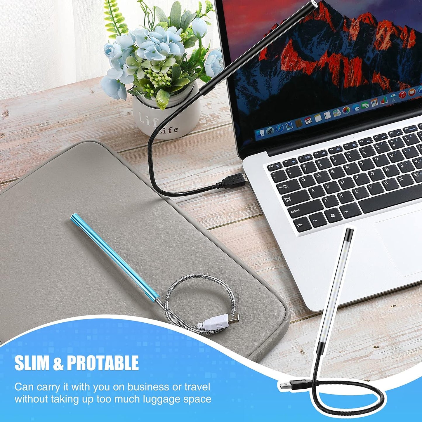Mudder 2 Pieces USB LED Light for Laptop Keyboard Light Gooseneck Computer Lamp Flexible Stick Dimmable LED Lamp Touch Switch for Reading Book(Black, Blue)