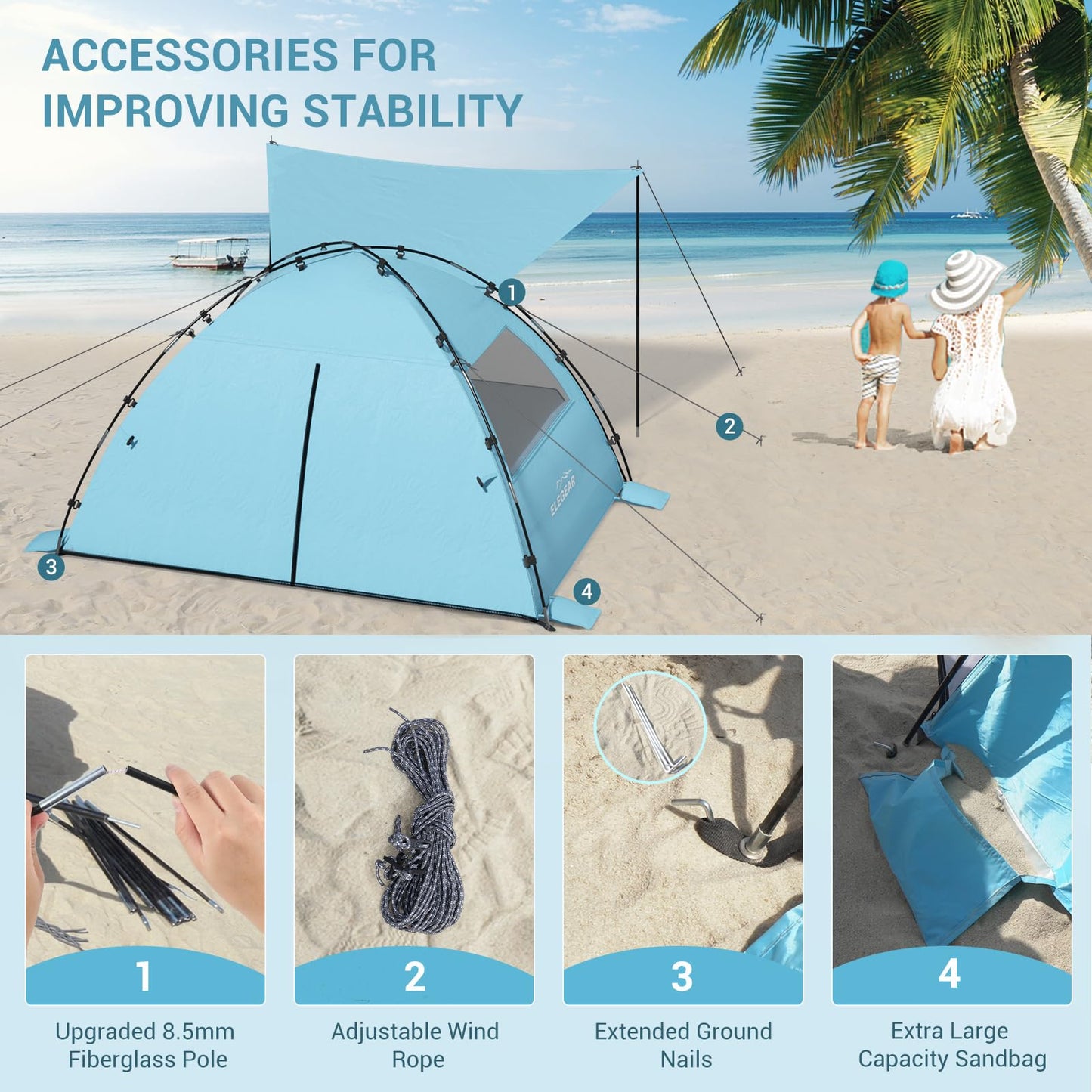 Elegear Beach Tent Sun Shelter with Canopy, 4-5 Person Pop Up Beach Tent, Easy Setup UPF 50+ UV Protection Portable Lightweight Double Silver Coating Beach Cabana Sun Shade Shelter - Sky Blue