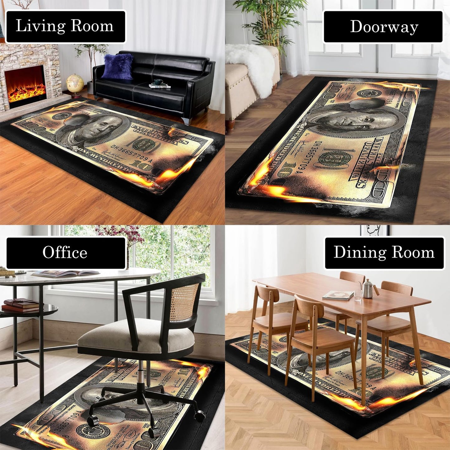 DVKKHD Burning 100 Dollar Bill Area Rug 4x6, Black Gold Room Decor Carpet