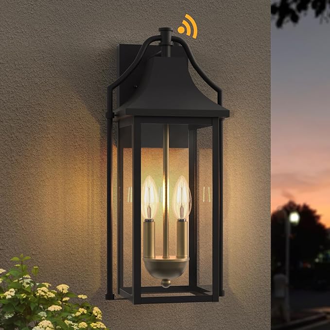 𝟏𝟕.𝟒𝑰𝑵 Outdoor Wall Sconce Fixture, Dusk to Dawn Patio Lights Waterproof Exterior Lanterns, 2-Light Modern Wall Lights Mounted with Glass, Black Outside Light for House Front Door Decor