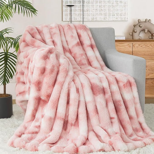Touchat Luxury Faux Rabbit Fur Twin Blanket for Couch, Super Heavy Warm Cozy Throw for Sofa Bedroom Living Room, Ultra Soft Fluffy Reversible Plush Blankets for Home Decor Gifts, Tie-dye Pink