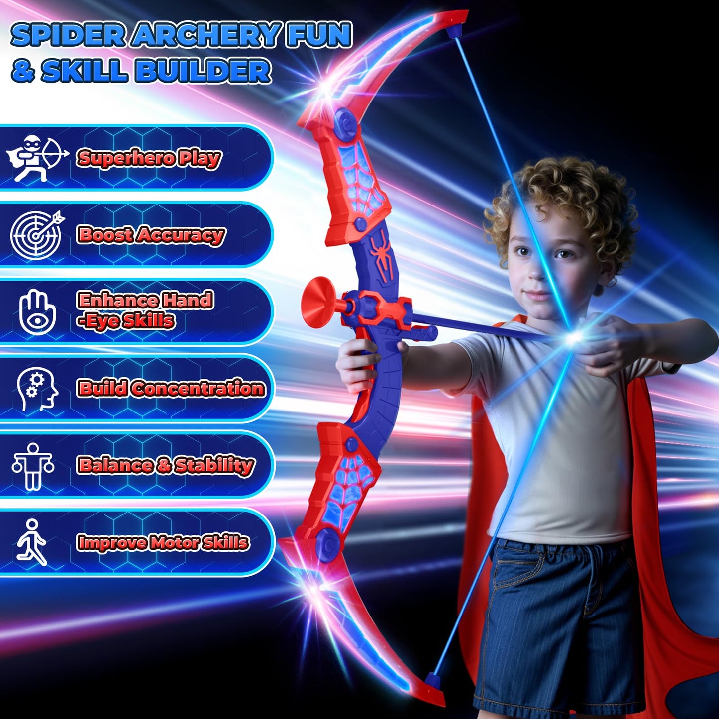 Spider Toys for Boys Age 3-4 4-6 6-8 8-12, Kids Toy BowArrow Shooting Set with Red & Blue LED Lights, Spider Quiver & Web Target, 8 Suction Cup Arrows, Toys Gifts for 3 4 5 6 7 8 9 10 12 Year Old Boys