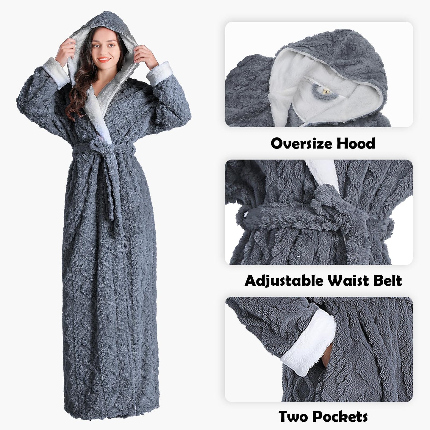 Oksun Womens Long Dressing Gown Robe Full Length Ladies Fluffy Plus Size Fleece Hooded Winter Warm Bathrobe (Grey,XL)