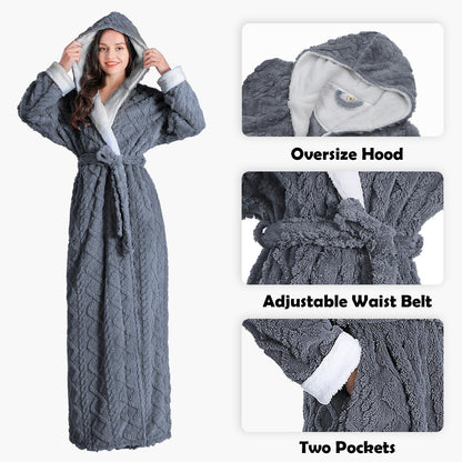 Oksun Womens Long Dressing Gown Robe Full Length Ladies Fluffy Plus Size Fleece Hooded Winter Warm Bathrobe (Grey,XL)