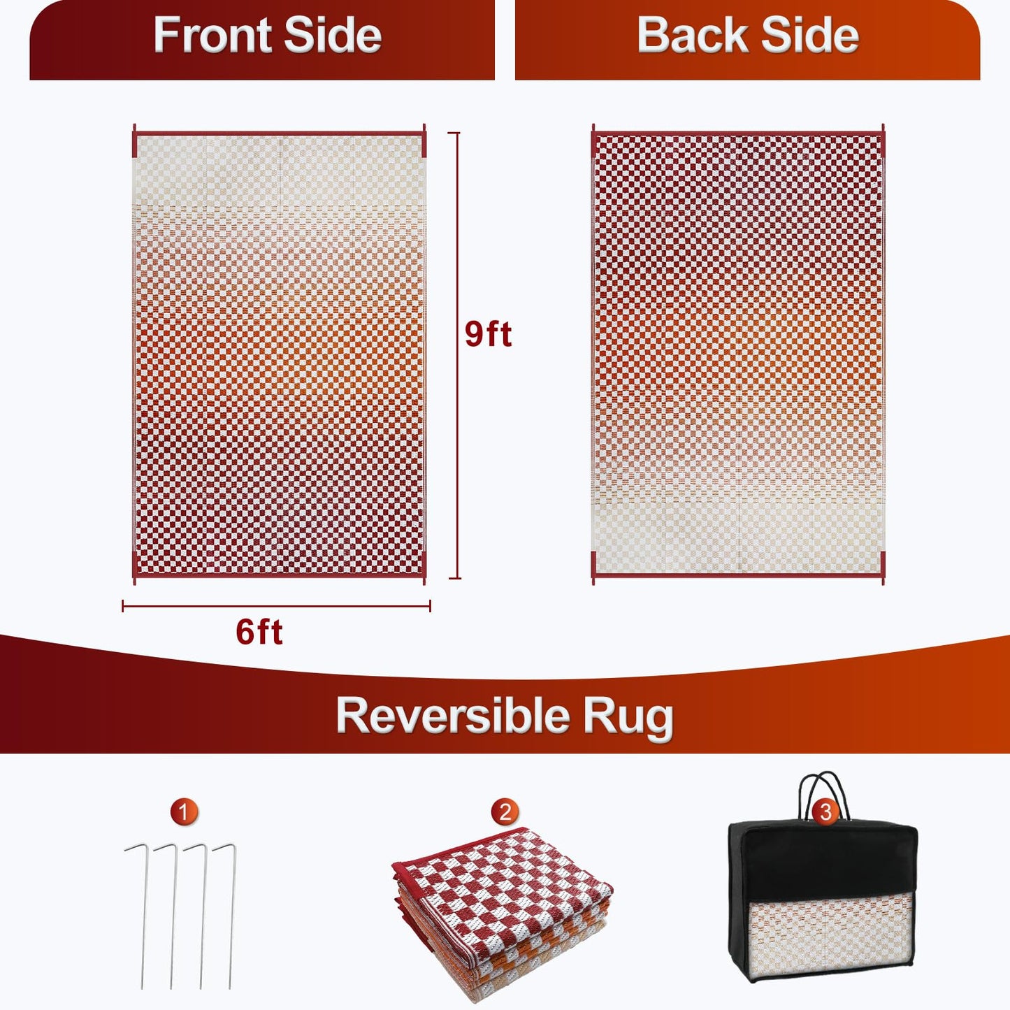 Wonnitar Waterproof Outdoor Rug 6x9 - Orange Red Gradient Checkered Camping RV Rug, Outside Patio Plastic Straw Mat for Balcony, Lightweight Reversible Portable Deck Carpet