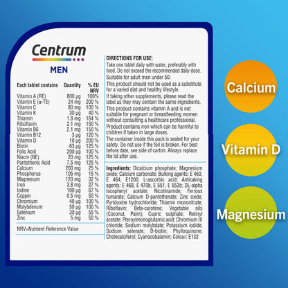 Centrum Men Tablets Multivitamin & Mineral Supplements, with 23 essential nutrients, including vitamin D, C, and Magnesium, 30 ct