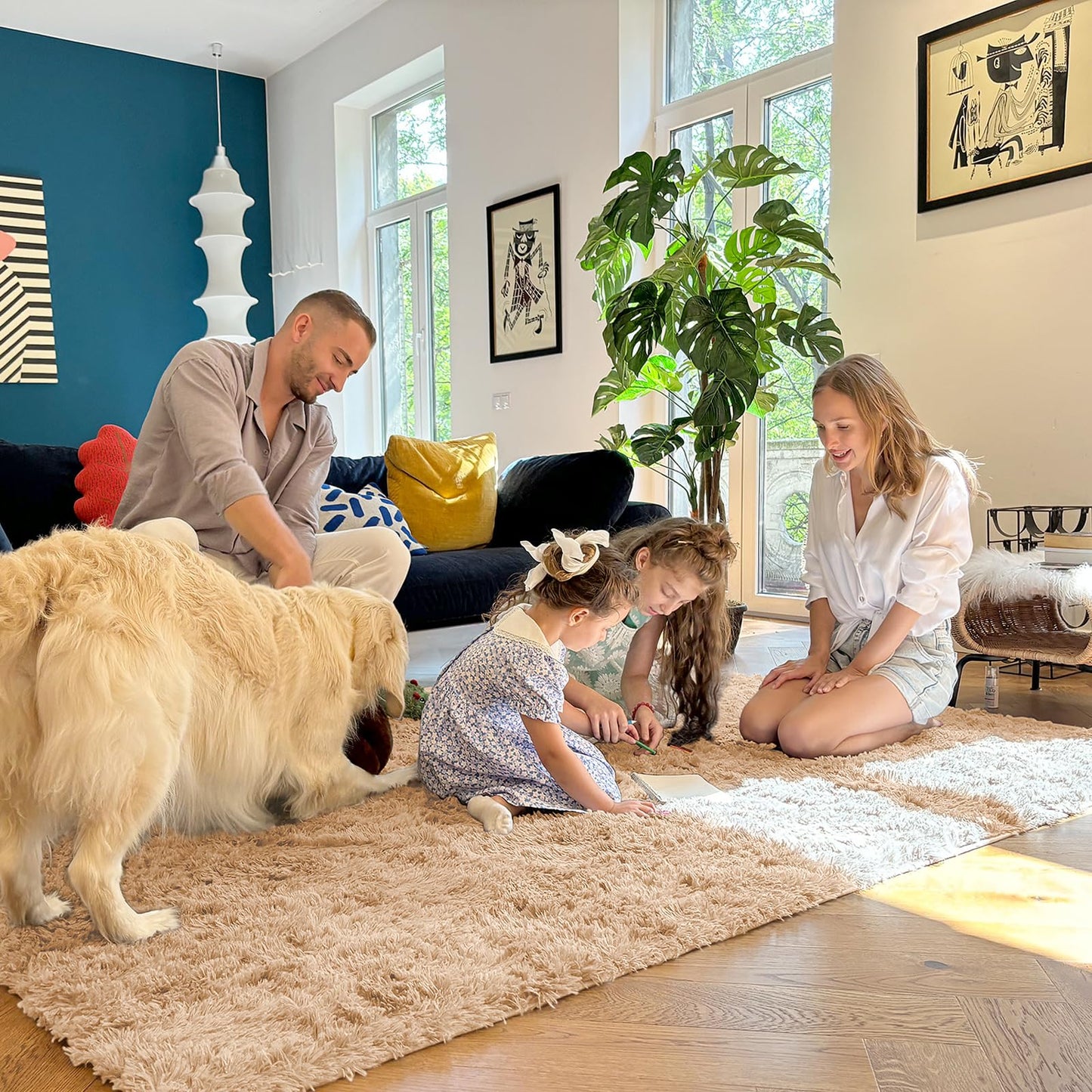 OLANLY Area Rugs for Living Room Bedroom, Machine Washable 4x5.9 ft Soft Fluffy Shaggy Bedside Rug, Indoor Floor Carpet for Kids Girls and Boys, Dorms, Nursery Rooms, Home Decor Aesthetic, Beige