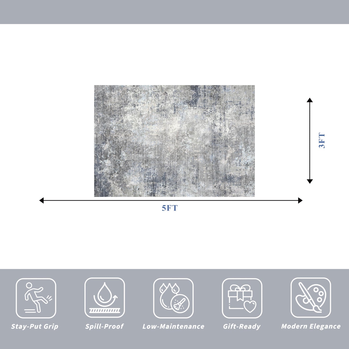 3x5 Washable Entryway Rug – Non-Slip Rubber Backed Small Area Rug for Kitchen, Bedroom, Living Room, Office – Soft Low-Pile Thin Modern Abstract Neutral Throw Rug （Blue Gray,3x5）