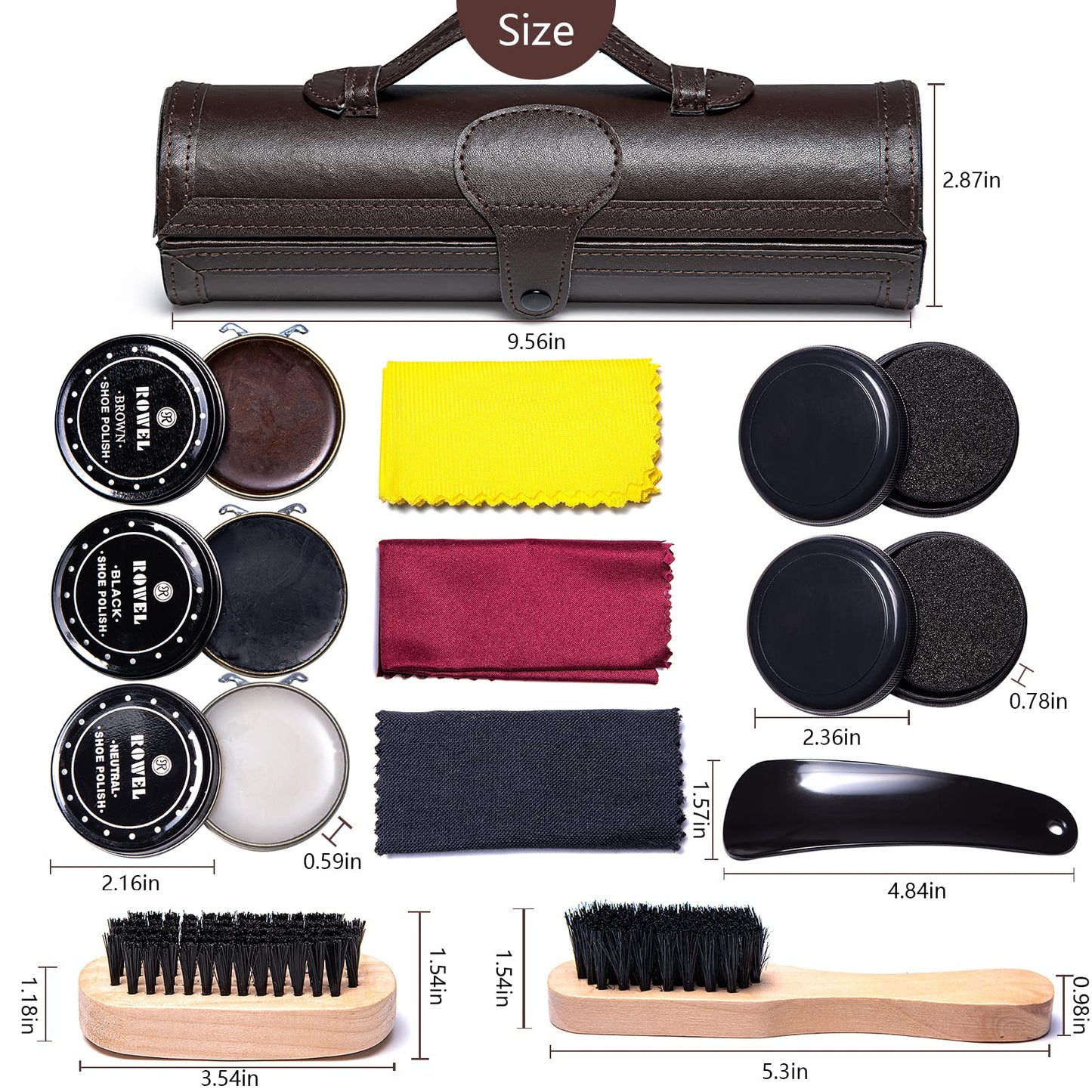 YUET Shoe Polish Kit Cleaning Shine Care Barrel Set For Brown Black Leather With Brush Travel Case Luxury Premium Soft Horsehair Bristle Dauber, Wooden Applicator, Shoehorn, Cloth 12 Piece Brown Pouch