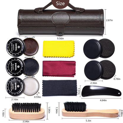 YUET Shoe Polish Kit Cleaning Shine Care Barrel Set For Brown Black Leather With Brush Travel Case Luxury Premium Soft Horsehair Bristle Dauber, Wooden Applicator, Shoehorn, Cloth 12 Piece Brown Pouch