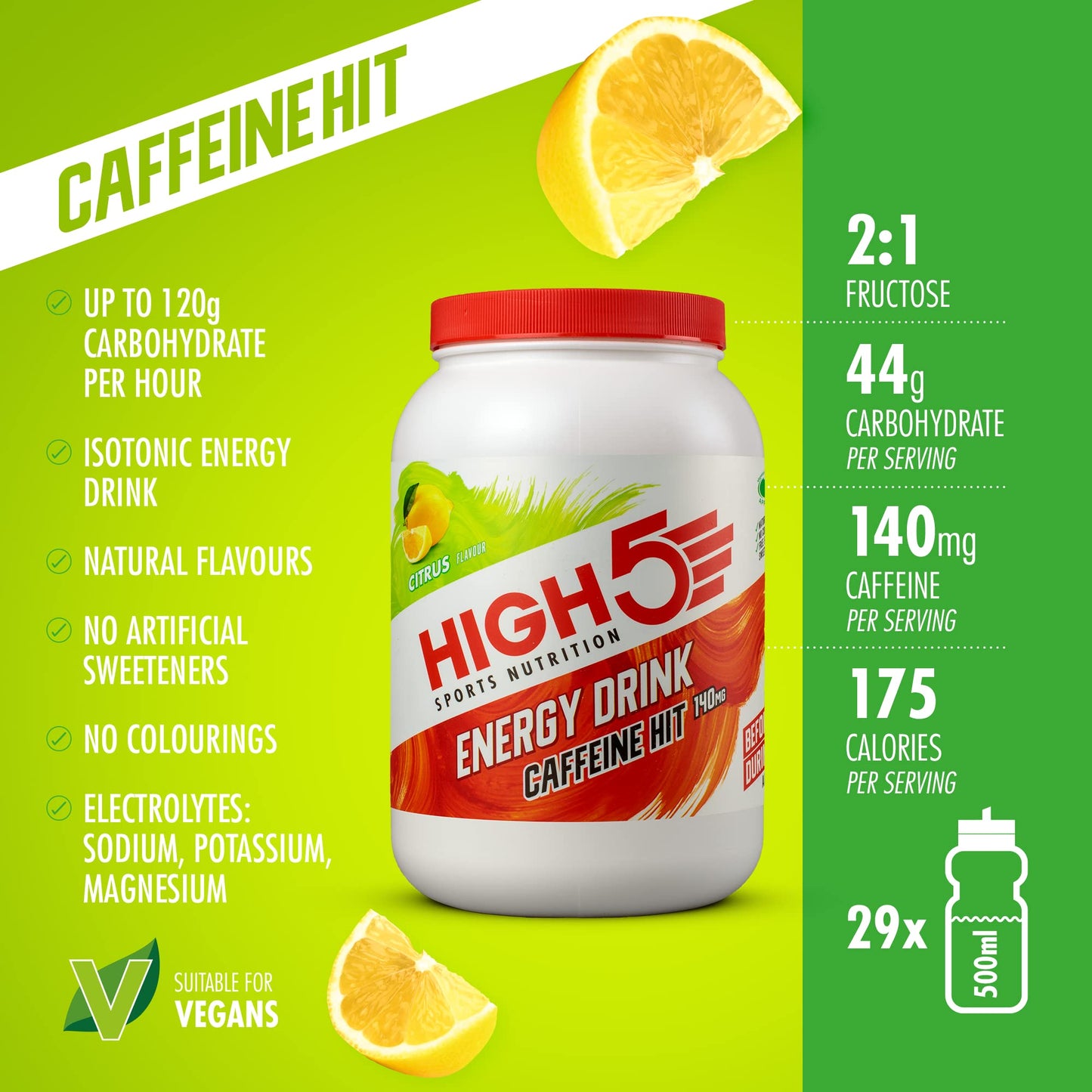 HIGH5 Energy Drink Caffeine Hit - Electrolytes Sport Energy Drink Powder - Isotonic Drink with 2:1 Fructose - Hydration for Running, Cycling, Endurance Fuel - Natural Flavours (Citrus, 1.4kg, 29 Serv)