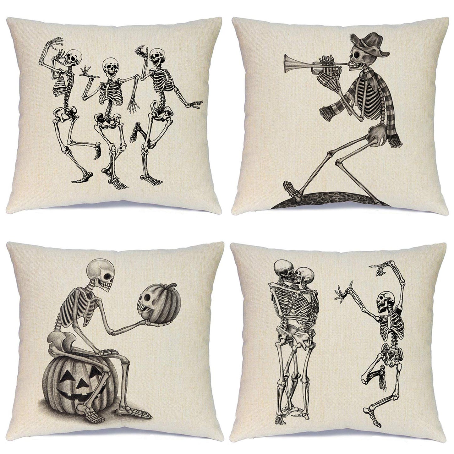 Ueerdand Halloween Pillow Covers Skeleton Skull Pumpkin Throw Pillowcases Set of 4 Cotton Linen Pillow Cushion Cover for Halloween Decorations, 18 by 18 Inch