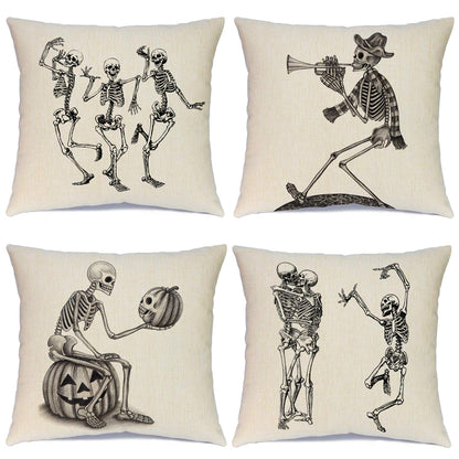 Ueerdand Halloween Pillow Covers Skeleton Skull Pumpkin Throw Pillowcases Set of 4 Cotton Linen Pillow Cushion Cover for Halloween Decorations, 18 by 18 Inch