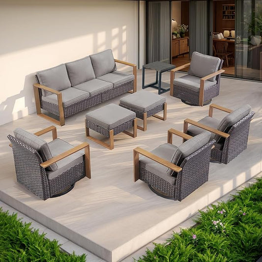 Rilyson Outdoor Wicker Patio Furniture Set - 8 Piece Patio Conversation Set with 4 Wicker Swivel Rocker Chairs,2 Rattan Ottoman 1 Side Table and 1 Couch,Thick Cushions,Deep Seating(Brown/Grey)