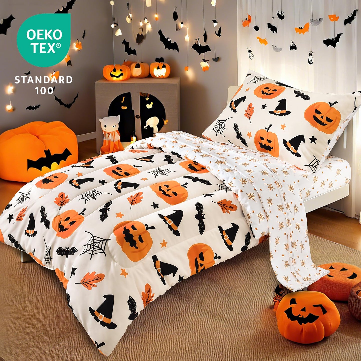 PHF 4 Piece Toddler Bedding Set, Ultra Soft Toddler Comforter Sets Include Comforter, Fitted Sheet, Flat Top Sheet and Pillowcase for Girls, Halloween Bed in A Bag for Baby Bedroom, Pumpkin