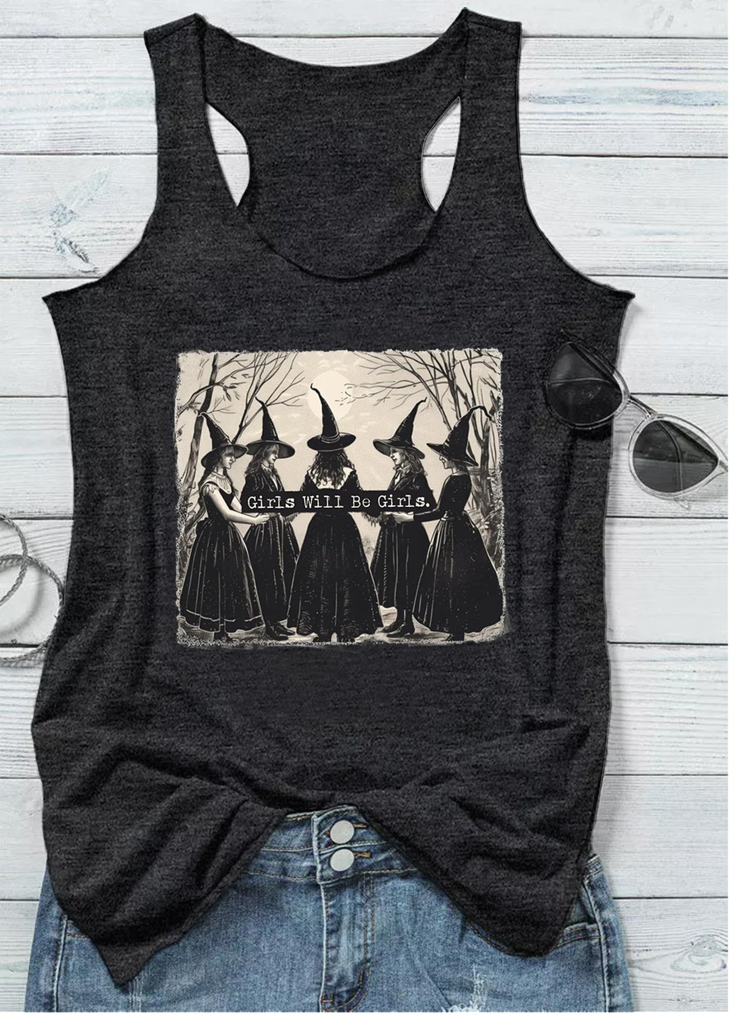 Halloween Shirts for Women Girls Will Be Girls Tank Tops Ladies Witch Graphic Racerback Tees Fall Halloween Outfit Tops(Medium,Girls Witch Grey)