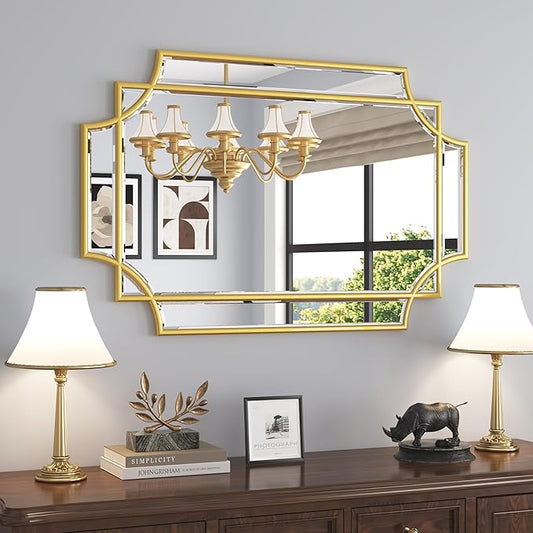 Bathroom Mirror for Wall Gold Farmhouse Wall Vanity Mirror for Over Sink Wood Framed Beveled Mirrors Deco（24 * 36IN/Gold）