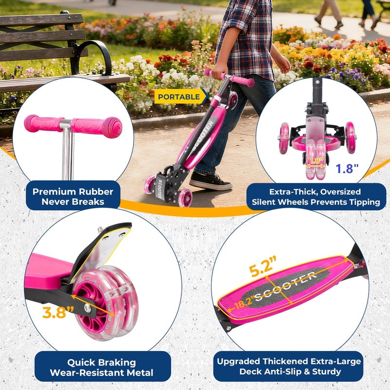 Kids 3-Wheel Kick Scooter – Adjustable Height, Gravity Steering, & LED Wheels, Foldable for Travel, Durable Metal Frame Supports up to 180 lbs