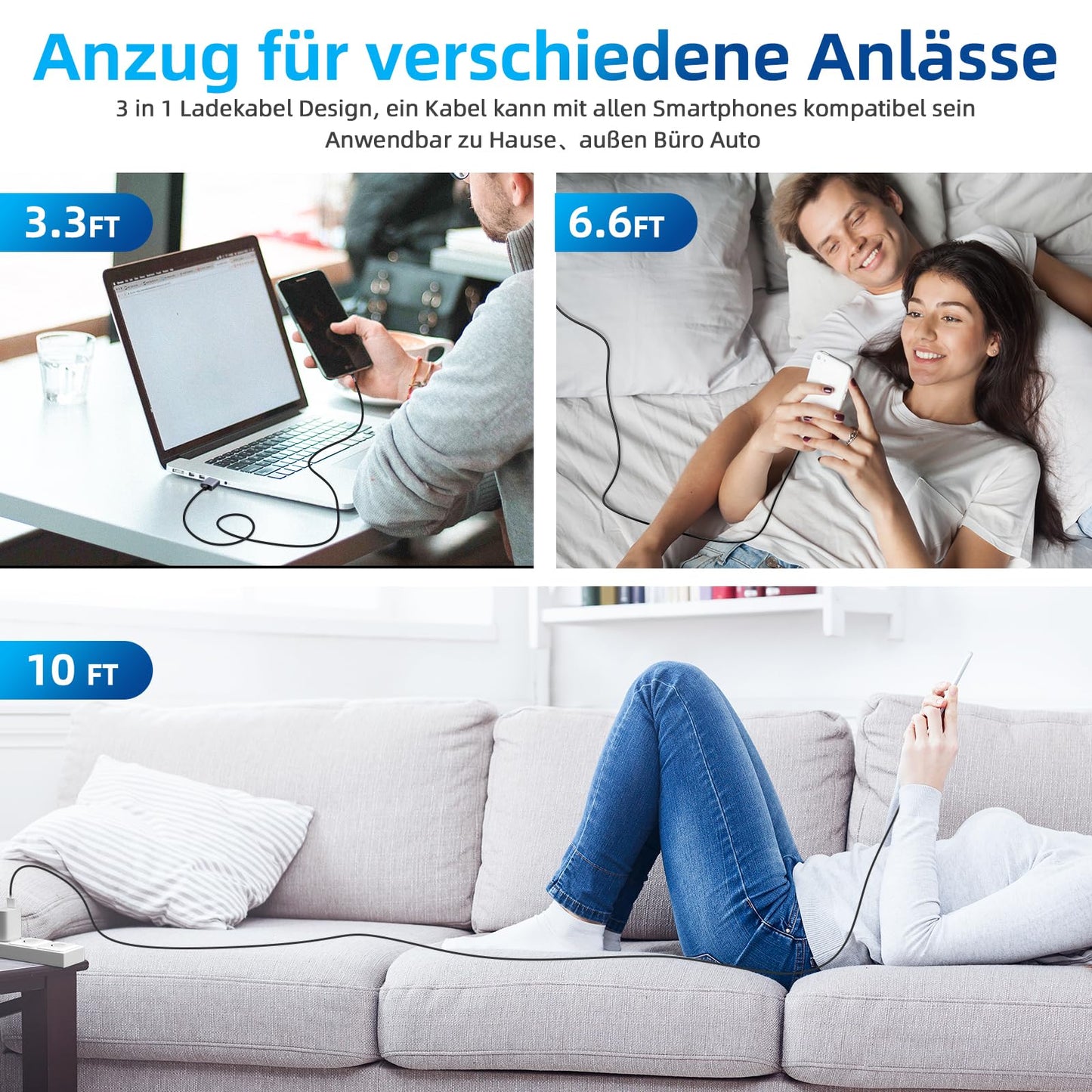 540° Rotation Magnetic Charging Cable, 3 in 1 Magnetic Phone Charger [4-Pack, 3ft/3ft/6ft/10ft] 3A Fast Charging Cable Support Data Transfer USB Magnet Charger Cable for i-P/Micro USB/Type C Device