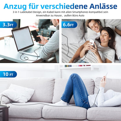 540° Rotation Magnetic Charging Cable, 3 in 1 Magnetic Phone Charger [4-Pack, 3ft/3ft/6ft/10ft] 3A Fast Charging Cable Support Data Transfer USB Magnet Charger Cable for i-P/Micro USB/Type C Device