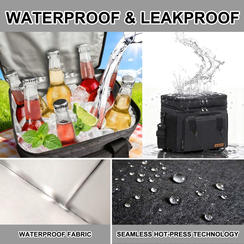 Prebargue Lunch Bag-Double Deck Insulated Lunch Box for Men Women, Soft Leakproof Thickened Cooler Bag for Work , Picnic, Outdoor, Camping, Travel with 2 Ice Packs(Black，15L)