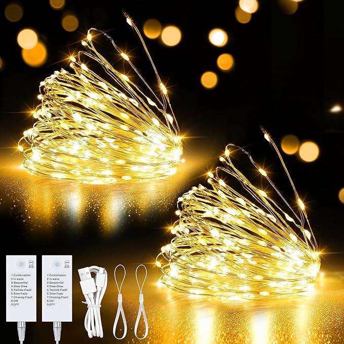 Mlambert LED Fairy Lights Battery Operated with Timer, Rechargeable Mini Twinkle Lights for Christmas Decor, Holiday Party, 32.8FT(16.4x2), Warm White