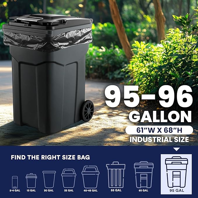 Plasticplace 95-96 Gallon Trash Bags │ 2.0 Mil │ Black Heavy Duty Garbage Can