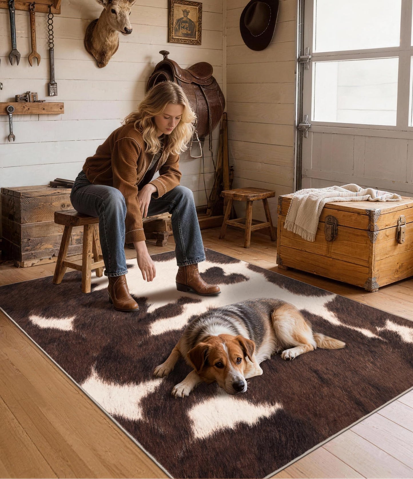 YIHOUSE Cowhide 5x7 Area Rug, Brown Cow Rugs for Living Room, Soft Low-Pile Washable Rug, Western Rustic Faux Animal Print Rugs for Bedroom, Dining Room