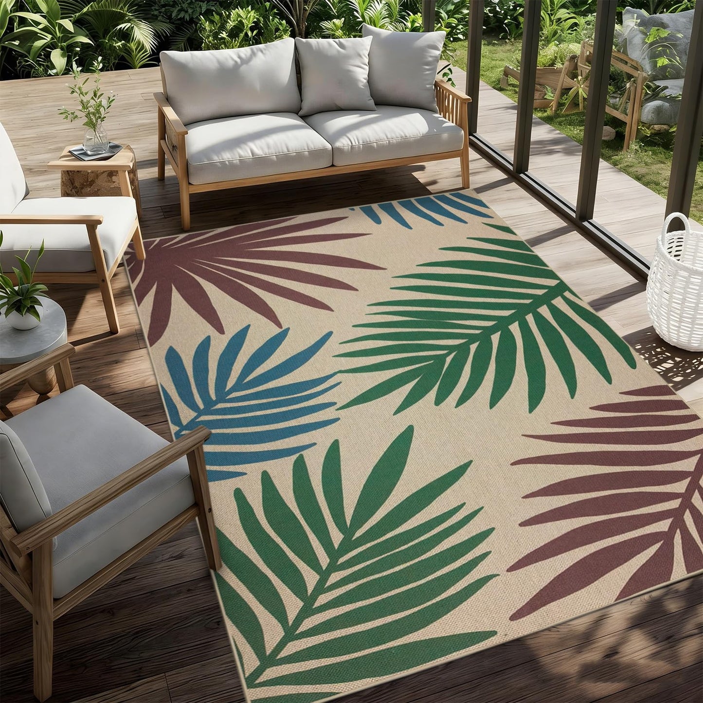 USTIDE Palm Leaf Design for Patio Rug 4'X6' Tropical Indoor Outdoor Rug for Living Room Dining Room Entryway Carpet Farmhouse Washable Non Slip Floor Mat for Covered Courtyard Porch Balcony