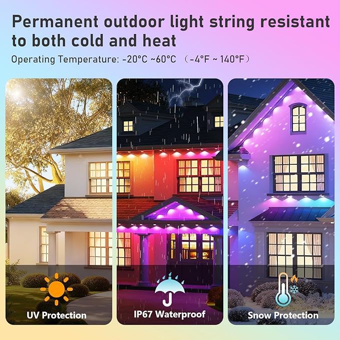 400FT Christmas Permanent Outdoor Lights,RGB+IC Eaves Lights with App & Remote Control,DIY Multi-Color Scene Modes,IP67 Waterproof,Outdoor Strings for House,Holiday Decorations for Christmas