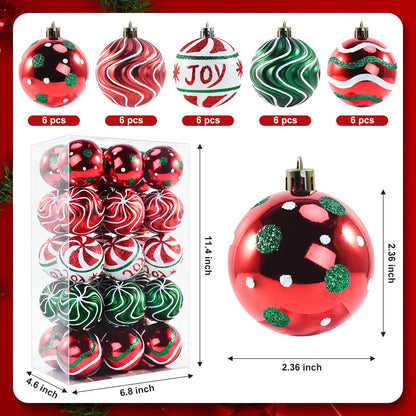 30PCS Christmas Ball Ornaments, 2.36" Red Green White Christmas Balls, Shatterproof Xmas Balls Decoration for Christma Tree, Painting & Glittering Hanging Ball for Party Event