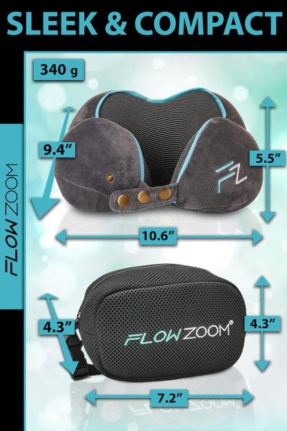 FLOWZOOM Memory Foam Travel Pillow for Airplanes & Car Rides – Adjustable Airplane Pillow with 360° Chin and Neck Support for Comfy Naps, Extra-Soft Washable Neck Pillow Cover, Squeezy Mesh Bag – Grey