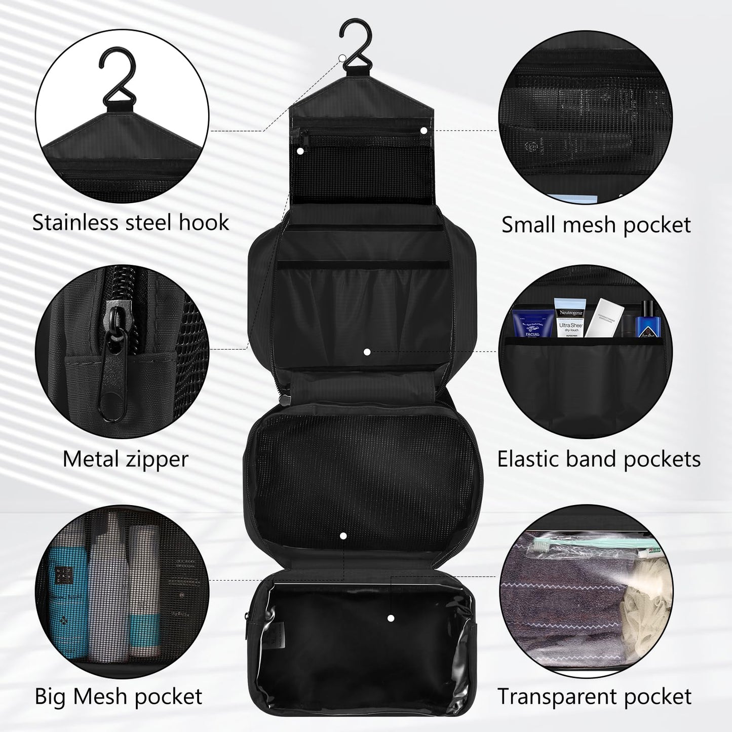 homchen Hanging Travel Toiletry Bag, Waterproof Folding Portable Cosmetic Wash Bag for Men and Women (M, Black02)