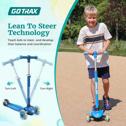 Gotrax KS1 Kids Kick Scooter, LED Lighted Wheels and 3 Adjustable Height Handlebars, Lean-to-Steer & Widen Anti-Slip Deck, 3 Wheel Scooter for Boys & Girls Ages 2-8 and up to 100 Lbs (Blue)