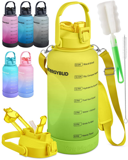 EnergyBud 1 Gallon Water Bottle Removable Straw And Handle Dishwasher-Safe BPS & BPA & DEHP Free +2 Brushes Big/Large Bottle With Time Markers Wide Mouth Leakproof 128 oz Jug (Yellow & Green)