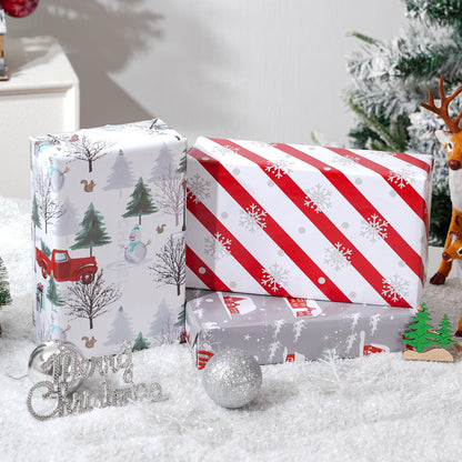 Cuitpan White Christmas Wrapping Paper Bundle for Kids Adults - Reindeer, Stripes, Woodlands, Snowflake, Red Truck Winter Scene Designs - 28 x 40 Inches, 6 Jumbo Sheets