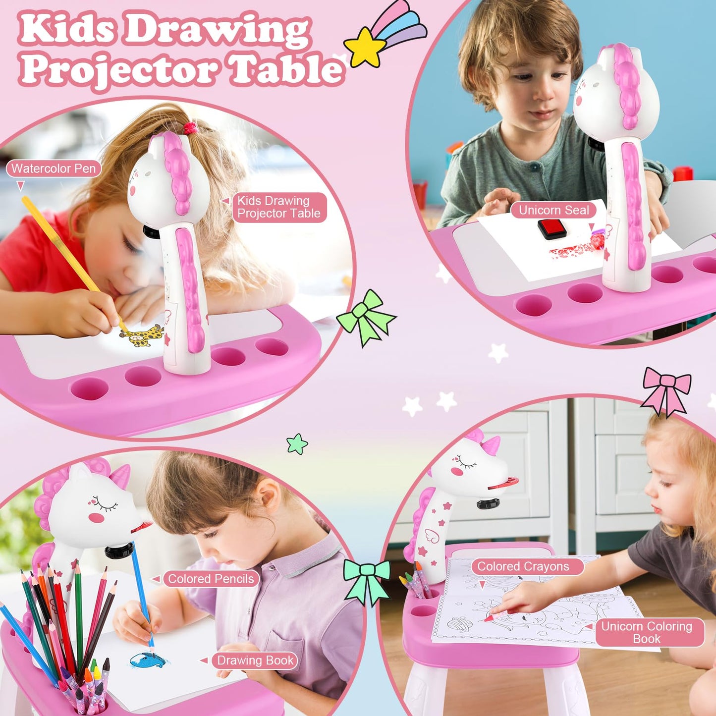 Unicorn Drawing Projector Table Set for Kids Girls Include Unicorn Art Supplies, Pink Doodle Sketcher Table Kit Toddler Tracing and Painting Projection