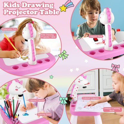 Unicorn Drawing Projector Table Set for Kids Girls Include Unicorn Art Supplies, Pink Doodle Sketcher Table Kit Toddler Tracing and Painting Projection