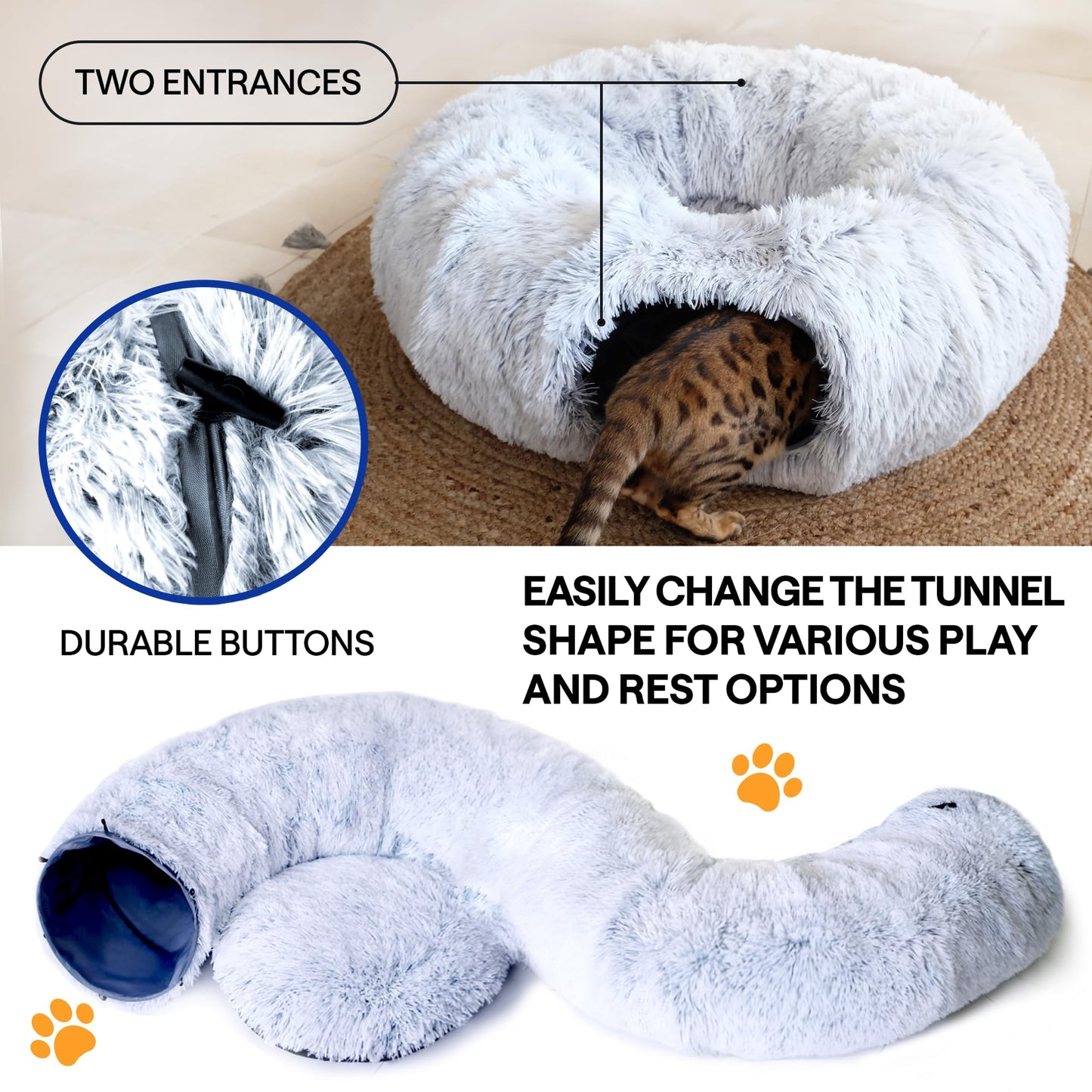 Cat Tunnel Bed with Cat Toys for Bored Indoor Adult Cats – Includes 1 Laser Paw, 1 Ball, and 2 Hollow Tunnels to Form Big Donut Shaped Tube - Can Be Used as Peekabo Cave or Comfy Pet Bed